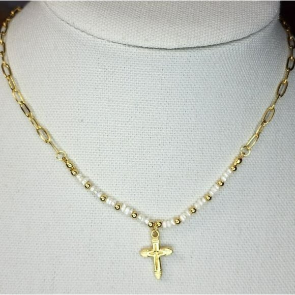 Gold Plated Stainless Steel Chain Freshwater Pearl Beads Cross‎ Pendant Necklace - Picture 3 of 14